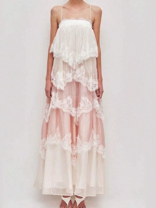 Dresses & Skirts - Sheer Layered Lace Maxi Dress in Ivory and Blush